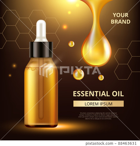 Cosmetics oil poster. Golden drops of oil extract for woman cream or liquid cosmetic q10 collagen template 88463631