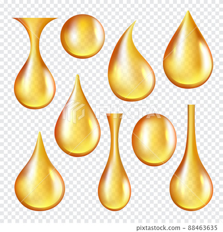 Oil drops. Yellow liquid golden oil realistic collection of splashes Oil drops. Yellow liquid golden oil realistic collection of splashes 88463635