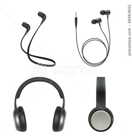 Earphones realistic. Headphone music accessory electronic items collection 88463642