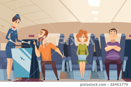Avia passengers. Boarding stewardess offers food to sitting man in airplane board cartoon background 88463779