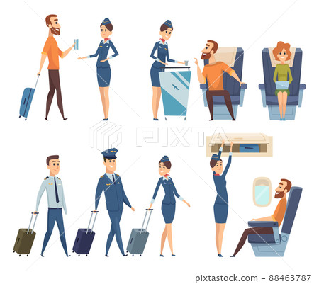 Airplane passengers. Stewardess in uniform boarding airplane safety cartoon characters 88463787