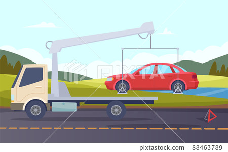 Tow truck. Damaged car evacuation road accident crash broken transport cartoon background 88463789
