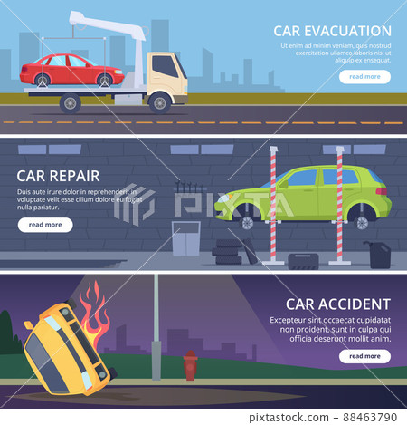 Accident road banners. Urban landscape with damaged cars crash broken transport pictures collection 88463790