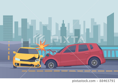 Accident road background. Damaged spped cars in urban landscape emergency help broken transport pictures 88463791