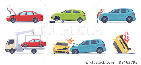 Car accident. Damaged transport on the road repair service insurances vehicle illustrations in cartoon style 88463792