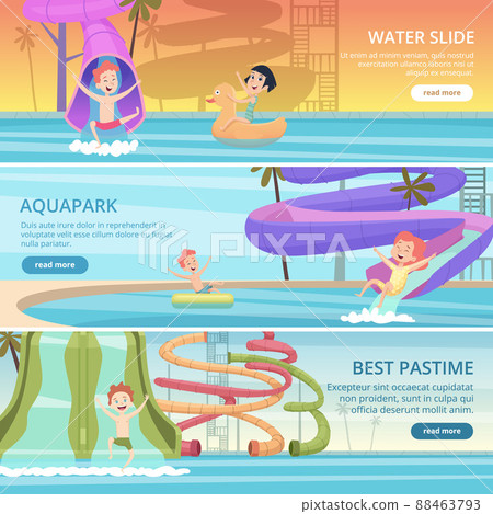 Water park banners. Aqua games funny pleasure for kids at pool playground with water slide and rubber castle cartoon pictures 88463793