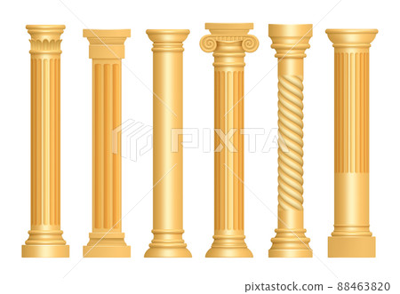 Golden antique column. Classic roman pillars architectural art sculpture pedestal realistic Golden antique column. Classic roman pillars architectural art sculpture pedestal realistic 88463820
