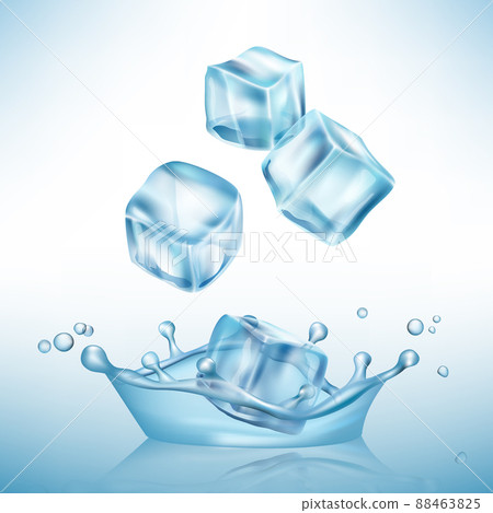 Ice splashes cube. Freeze water puddles and crystal clear ice cube realistic background Ice splashes cube. Freeze water puddles and crystal clear ice cube realistic background 88463825