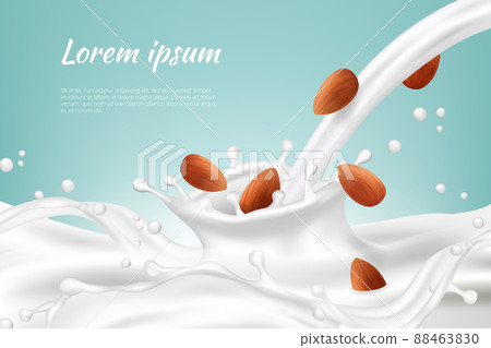 Nuts in milk. Meal beverages nut cream vegan protein drink splashes with seed realistic background Nuts in milk. Meal beverages nut cream vegan protein drink splashes with seed realistic background 88463830