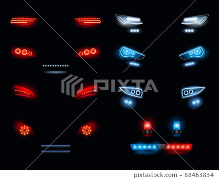 Car headlights. Dark environment with red and white automobile lights realistic collection 88463834