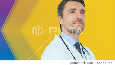 Composition of smiling male doctor in lab coat and stethoscope with copy space 88464067