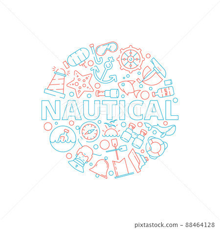 Marine concept. Nautical pictures fish boat sea captain yacht circle shape with marine symbols background 88464128