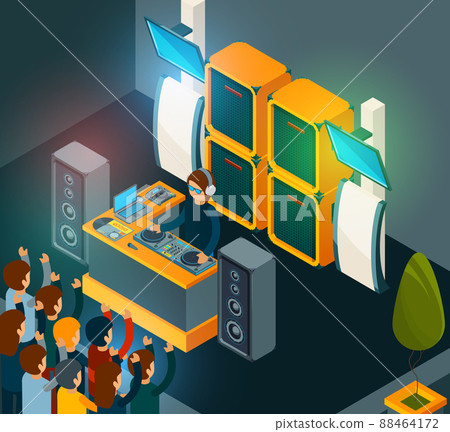 Dj on scene. Entertainment party music happy crowd singing dancing electro music from speakers 88464172