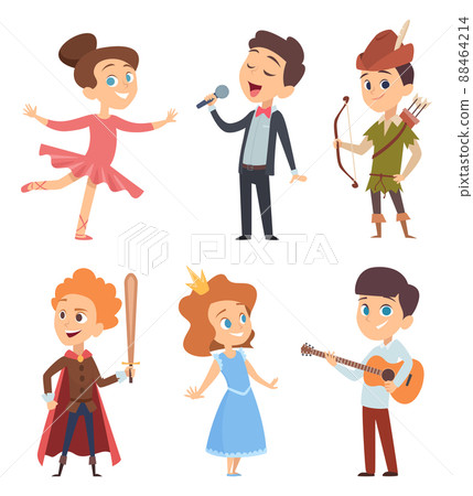 Theater kids. Children making performance at school stage funny characters theatre actors in action poses 88464214