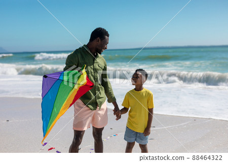 Happy african american father and son holding hands while standing with kite at beach Happy african american father and son holding hands while standing with kite at beach 88464322