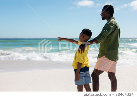 Side view of african american boy pointing while standing by father at beach on sunny day Side view of african american boy pointing while standing by father at beach on sunny day 88464324