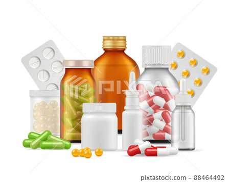 Medical bottles and pills. Medications aspirin antibiotic drugs tablets realistic health care concept Medical bottles and pills. Medications aspirin antibiotic drugs tablets realistic health care concept 88464492