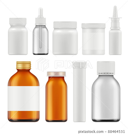 Pharmaceutical white bottles. Blank medicament supplement box or packages realistic white empty containers Pharmaceutical white bottles. Blank medicament supplement box or packages realistic white empty containers 88464531