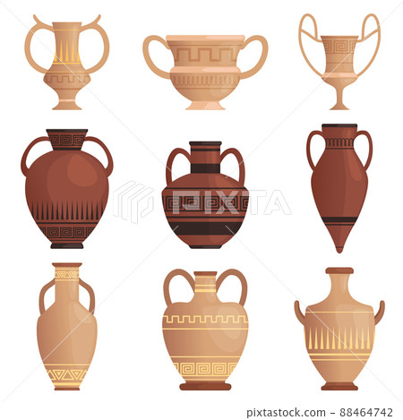 Clay jug. Ancient amphora with pattern greek cup and other vessel cartoon pictures isolated 88464742