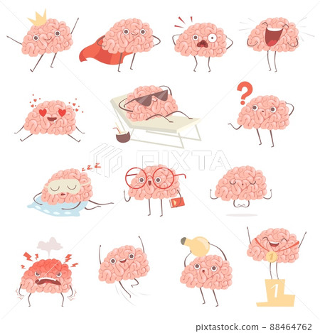 Brain cartoon. Happy cartoon mascot in action poses walking sleeping making exercises illustrations Brain cartoon. Happy cartoon mascot in action poses walking sleeping making exercises illustrations 88464762