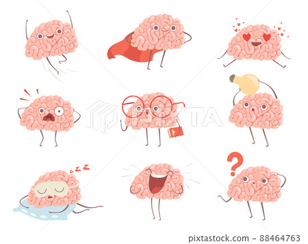 Brain characters. Cartoon mascot making different sport exercises brain activities pictures Brain characters. Cartoon mascot making different sport exercises brain activities pictures 88464763