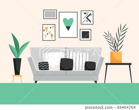 Interior with sofa. Living room with cofortable furniture detailed composition 88464764