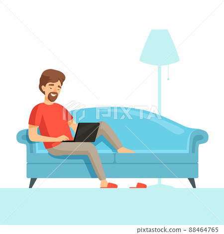 Freelancer on sofa. Happy smile work guy on comfortable bed with laptop cartoon picture Freelancer on sofa. Happy smile work guy on comfortable bed with laptop cartoon picture 88464765