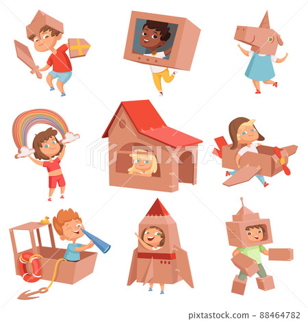 Kids cardboard costumes. Children playing in active games with paper box making house car and airplane characters Kids cardboard costumes. Children playing in active games with paper box making house car and airplane characters 88464782