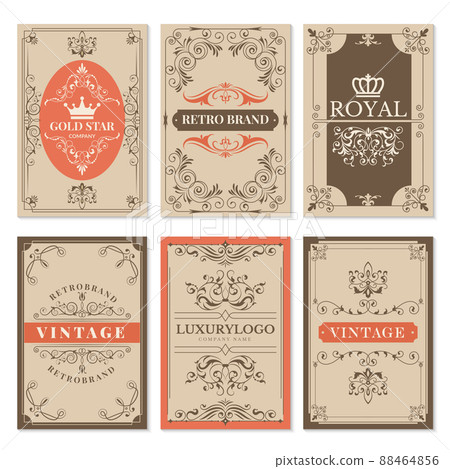 Vintage cards. Floral filigree classic victorian ornaments and frames for labels design template with text Vintage cards. Floral filigree classic victorian ornaments and frames for labels design template with text 88464856