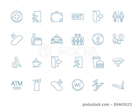 Navigate symbols. Public pictogram of restaurant place elevator washroom restroom toilet wifi icon collection 88465023