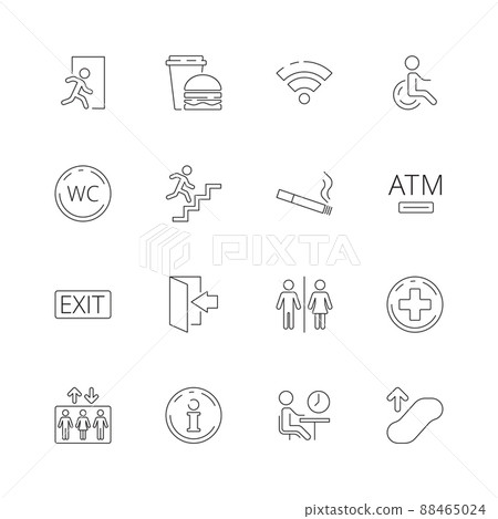 Public navigate symbols. Toilet person food place shapes internet food elevator thin line icon Public navigate symbols. Toilet person food place shapes internet food elevator thin line icon 88465024
