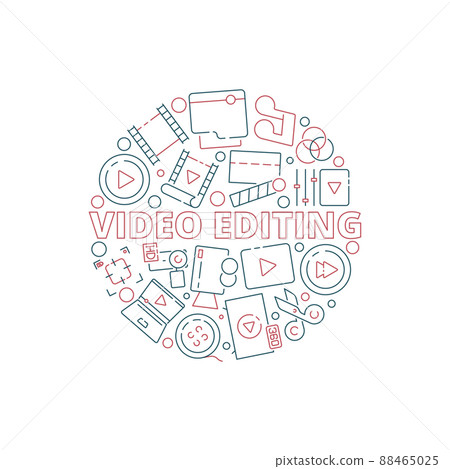 Movie circle background. Film cinema production items in round shape tv equipment multimedia clapper conceptual picture Movie circle background. Film cinema production items in round shape tv equipment multimedia clapper conceptual picture 88465025