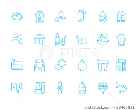 Water treatment. Purifier container filter tank glass clean fresh liquid water dispenser outline symbols Water treatment. Purifier container filter tank glass clean fresh liquid water dispenser outline symbols 88465031