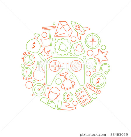 Gamification background. Gamification business concept achievement rules for work competitive challenge symbols in circle shape 88465059