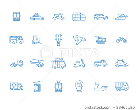 Urban vehicle icons. City transport planes boat cars boats truck thin line pictures set 88465180