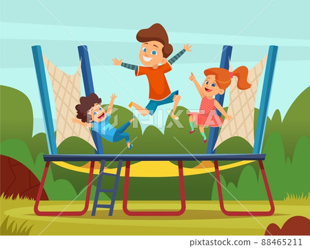 Jumping trampoline kids. Active children games on playground cartoon background 88465211