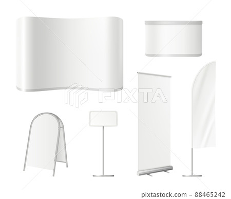 Promotional blank stands. Advertising exhibition empty space with wall roll up banners desk marketing realistic template 88465242