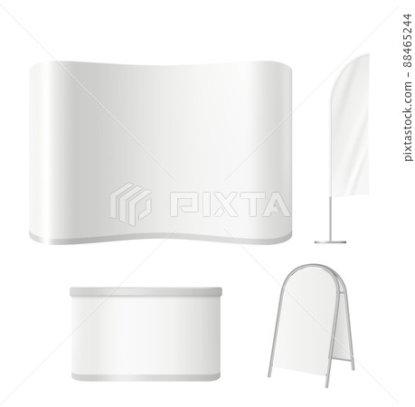 Exhibition stands. Advertising event empty display board screen roll up blank poster and promotional wall realistic template Exhibition stands. Advertising event empty display board screen roll up blank poster and promotional wall realistic template 88465244