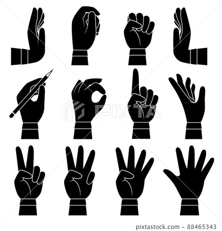 Hands gesture collection. Male and female arms palms and fingers pointing giving taking touch holding cartoon silhouette Hands gesture collection. Male and female arms palms and fingers pointing giving taking touch holding cartoon silhouette 88465343