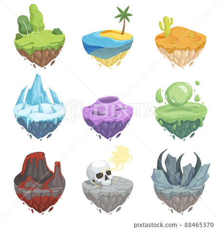Isometric islands. Cartoon landscape with rock ice grass ground volcano lava surface object for game Isometric islands. Cartoon landscape with rock ice grass ground volcano lava surface object for game 88465370