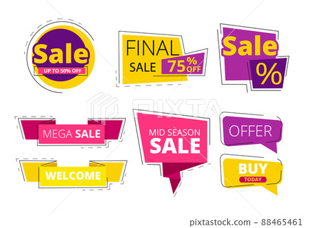 Flat promo banners. Big sale advertizing offers on colored ribbons template 88465461