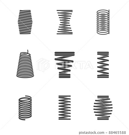 Flexible steel spiral. Metal bended wire coils shape elastic and compacted forms icon silhouettes isolated 88465588