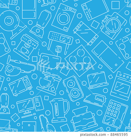 Household electronics pattern. Home modern appliances kitchen objects refrigerator microwave kettle computer tv seamless Household electronics pattern. Home modern appliances kitchen objects refrigerator microwave kettle computer tv seamless 88465595
