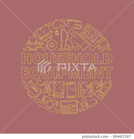 Home appliances concept. Household equipment circle shape tv computer gadgets kitchen items refrigerator microwave mixer 88465597