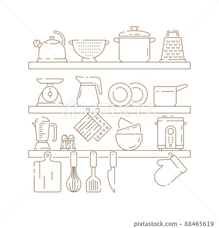Kitchen shelves. Cooking items pots spoon fork knife pans thin linear composition 88465619