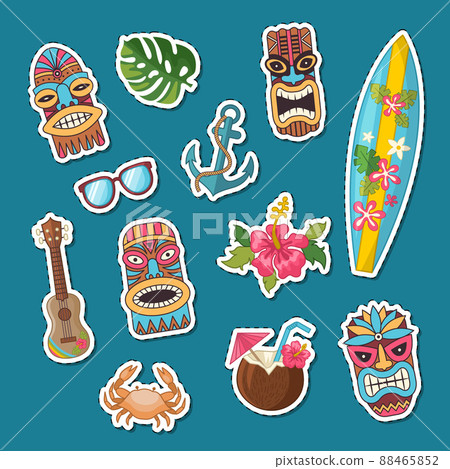 cartoon summer travel elements stickers set illustration 88465852
