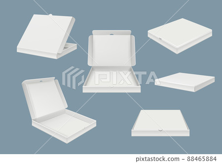Pizza package mockup. Fast food delivery cardboard open and closed box of various views realistic template 88465884
