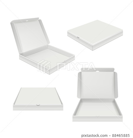 Pizza box mockup. Fast food product cardboard empty blank packages open and closed realistic pictures various views 88465885