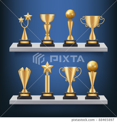 Awards shelves. Trophies medals and cups on bookshelf realistic concept of sport competition winners 88465897