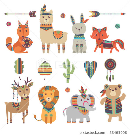 Tribal animals. Cute zoo squirrel llama hare fox deer lion elephant and bear with vintage feathers ethnic patterns characters 88465908